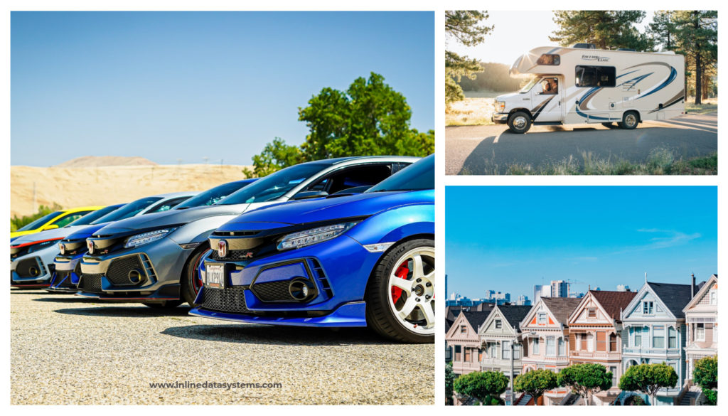 A collage of sports cars, a recreational vehicle and a row of houses.
