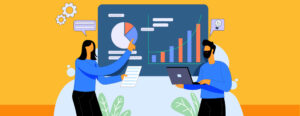 Illustration of a woman wearing a blue shirt pointing at a pie chart and bar graph to a newly hired sales rep