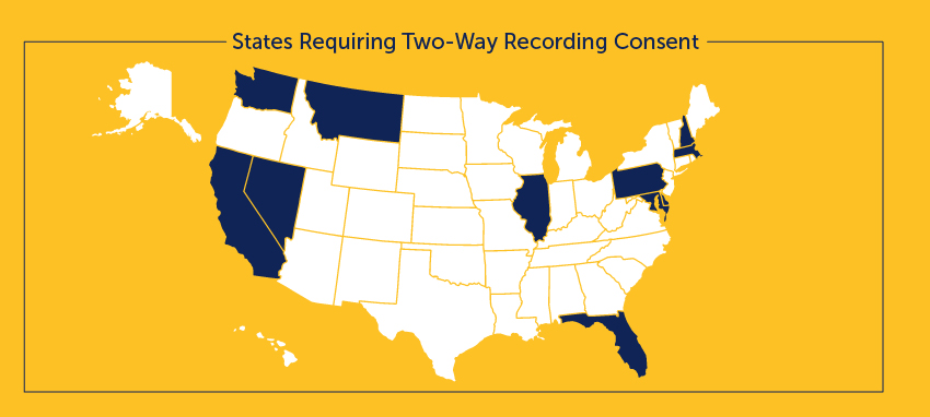 Map with states requiring two-way recording consent: California, Delaware, Florida, Illinois, Maryland, Massachusetts, Montana, Nevada, New Hampshire, Pennsylvania, and Washington. 