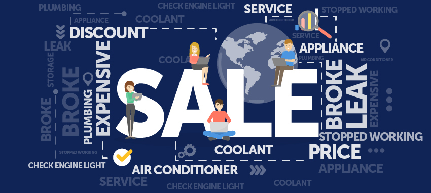 A word cloud with sale, service, discount, appliance, leak, air conditioner, plumbing, check engine light, coolant and price.