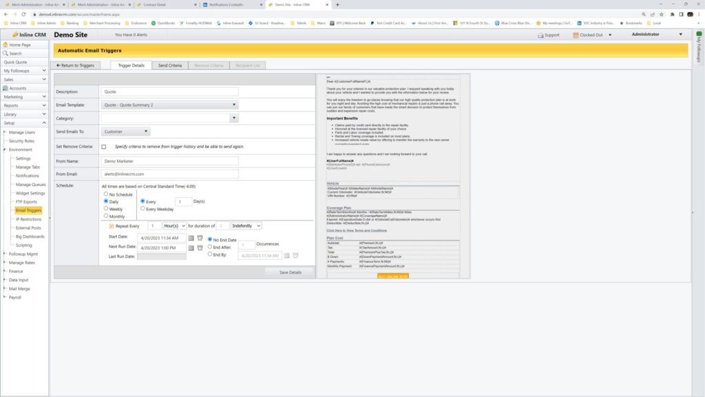 Screenshot of Inline CRM email functionality, which can be configured to send emails at any day or time based on certain criteria.