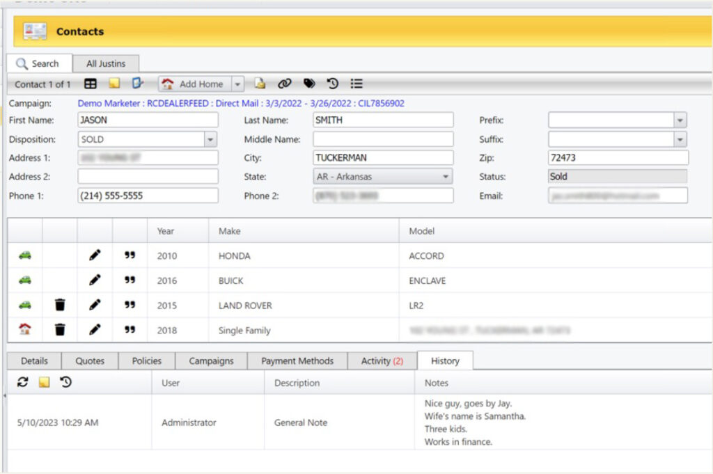 Screenshot showing how you can make notes about the preferences of each individual customer with Inline CRM.