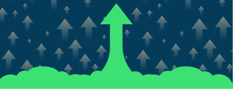 A giant green arrow points up against a blue background of smaller arrows point up.