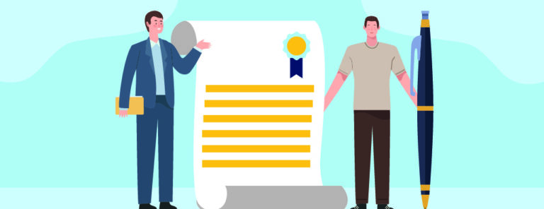 Left to right, a drawing of a sales person overcoming extended warranty objections standing next to a giant paper contract with a customer aside an equally giant pen.