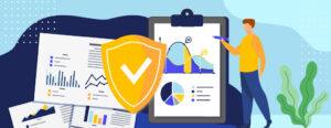 Illustration of a person standing next to a giant clipboard making notes on a report.
